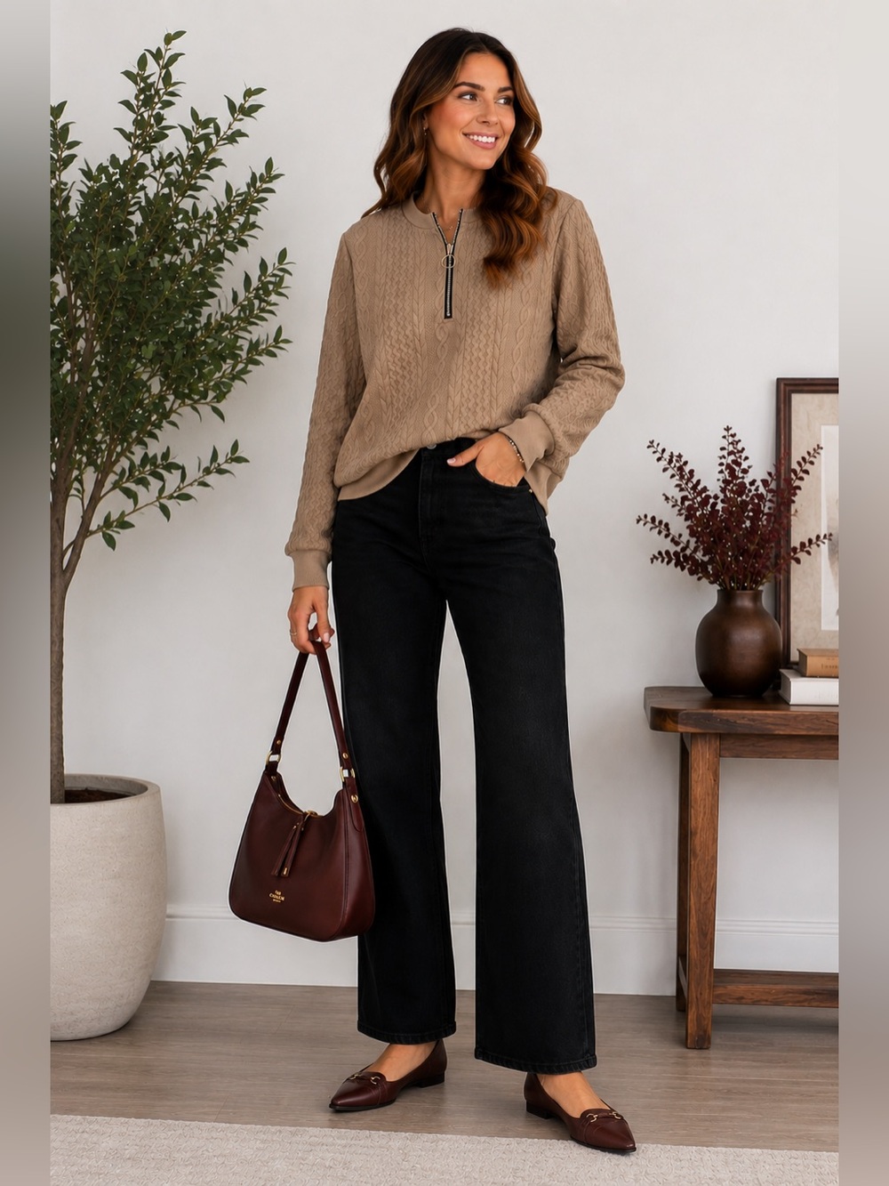 Women’s Cable-Knit Half-Zip Sweater - Taupe